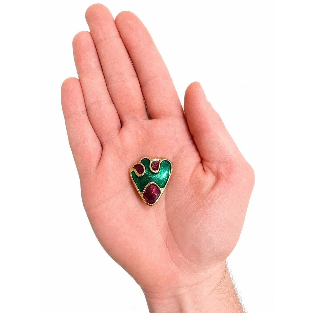 Vintage 1980s Green Burgundy Enamel Abstract Statement Clip-On Earrings